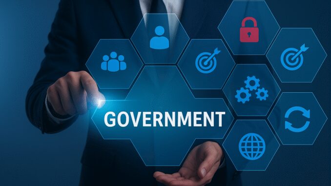 Government-related icons with a businessman interacting. Government-related icons with a businessman interacting.