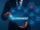 Government-related icons with a businessman interacting.