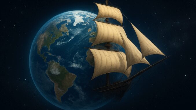 Sailing ship orbiting around Earth in space. Sailing ship orbiting around Earth in space.