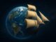 Sailing ship orbiting around Earth in space.