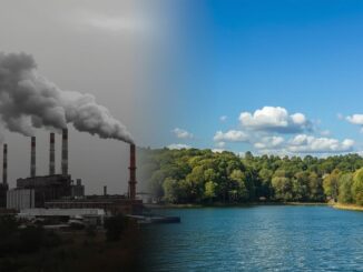 Factory pollution contrasted with natural landscape.
