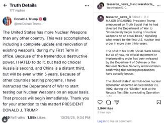 Social media post about nuclear weapons discussion.