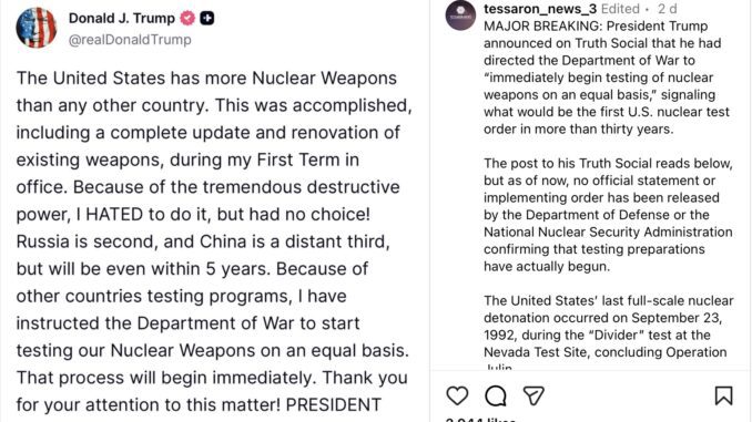Social media post about nuclear weapons discussion. Social media post about nuclear weapons discussion.