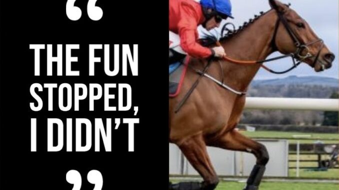 Jockey riding horse with motivational quote.