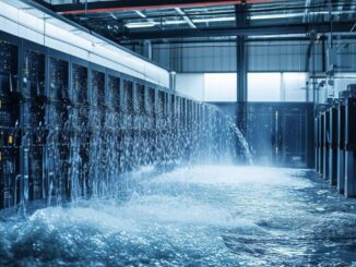 Flooded server room with cascading water.