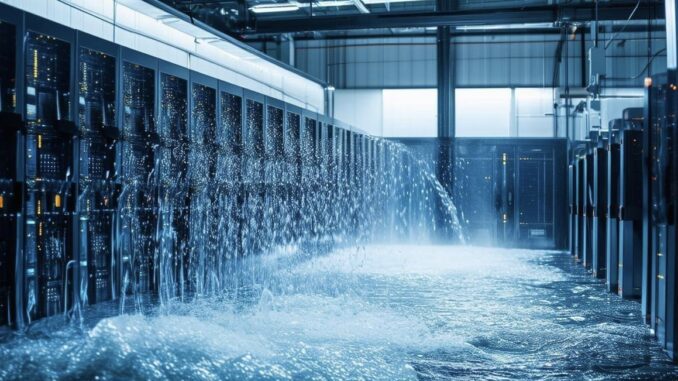 Flooded server room with cascading water. Flooded server room with cascading water.