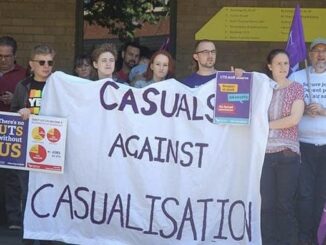 Protesters holding "Casuals Against Casualisation" banner.