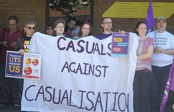 Protesters holding "Casuals Against Casualisation" banner.