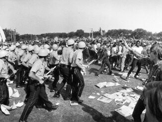 Police confronting protesters in a park.