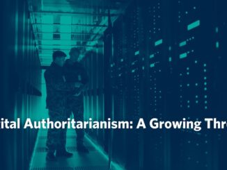 Men in server room, digital authoritarianism text.