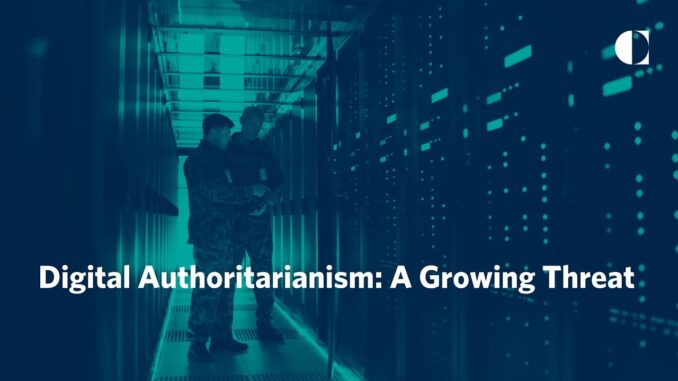 Men in server room, digital authoritarianism text. Men in server room, digital authoritarianism text.