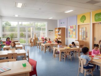 Children learning in a bright classroom setting.