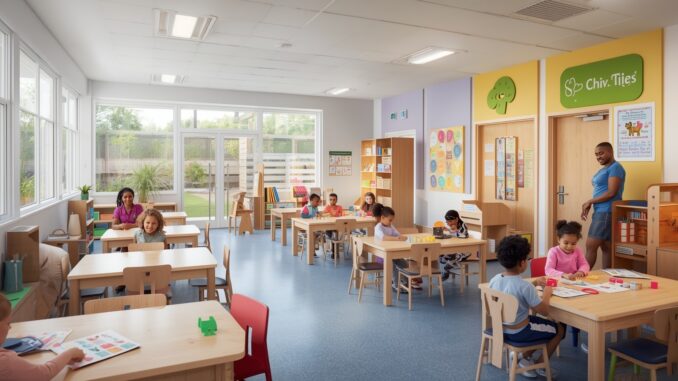 Children learning in a bright classroom setting.