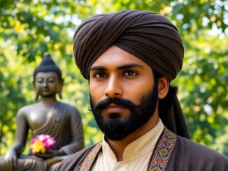 Man in turban with Buddha statue background.