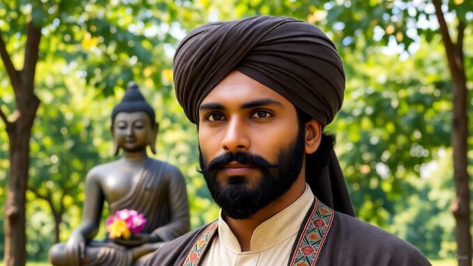 Man in turban with Buddha statue background.