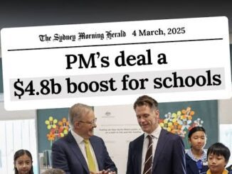 Newspaper headline about school funding deal.