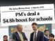 Newspaper headline about school funding deal.