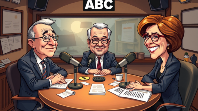 Cartoon radio hosts in a studio setting.