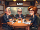 Cartoon radio hosts in a studio setting.