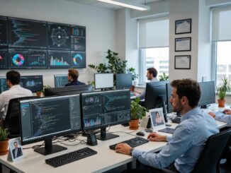 Office workers analyzing data on multiple screens.
