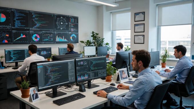 Office workers analyzing data on multiple screens.