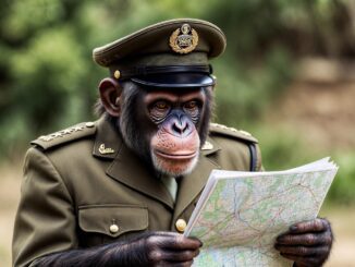 Chimpanzee in uniform reading a map.