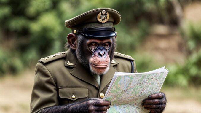 Chimpanzee in uniform reading a map.