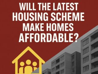Housing scheme affordability question with building illustration.