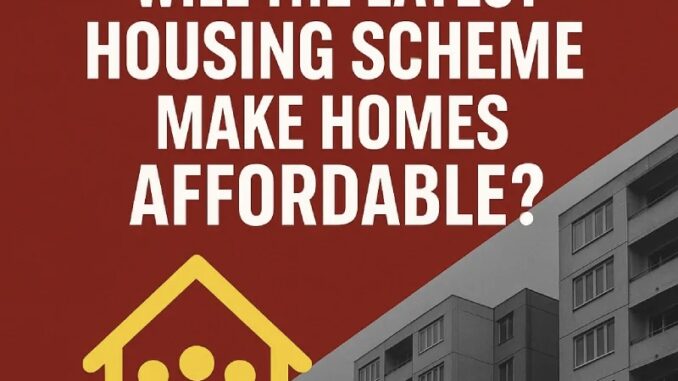 Housing scheme affordability question with building illustration.