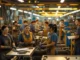 Workers in a busy industrial manufacturing facility.
