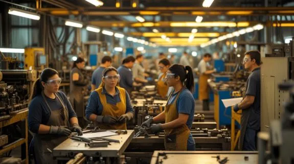 Workers in a busy industrial manufacturing facility.