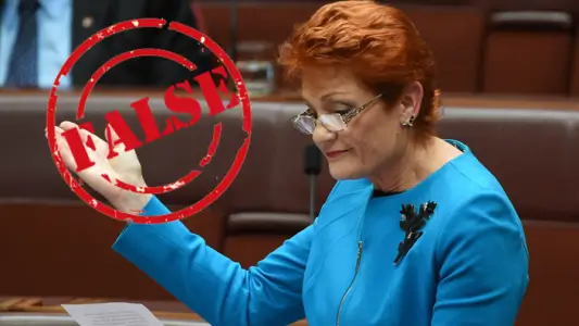 Person in blue suit with "False" stamp.