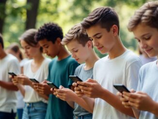 Teens using smartphones outdoors in a park.