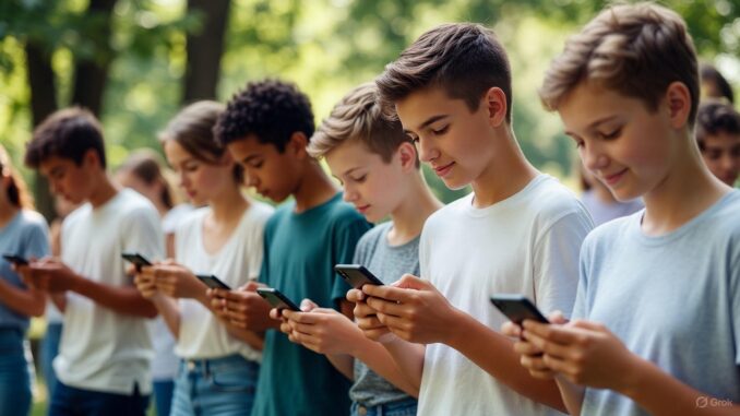 Teens using smartphones outdoors in a park. Teens using smartphones outdoors in a park.