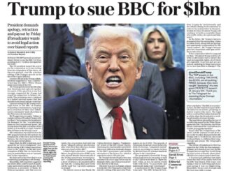 Newspaper headline about Trump suing BBC.