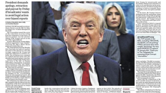 Newspaper headline about Trump suing BBC. Newspaper headline about Trump suing BBC.