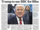 Newspaper headline about Trump suing BBC.