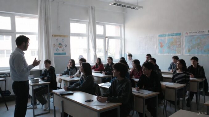 Teacher instructing students in a classroom setting. Teacher instructing students in a classroom setting.