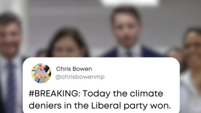 Tweet about Liberal party's climate stance. Tweet about Liberal party's climate stance.