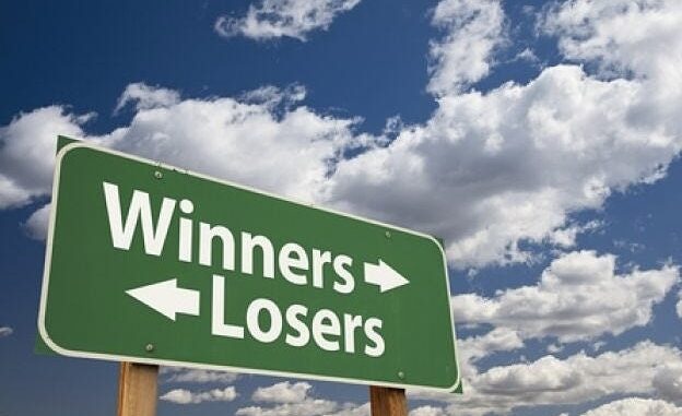 Sign with arrows: "Winners" and "Losers". Sign with arrows: "Winners" and "Losers".