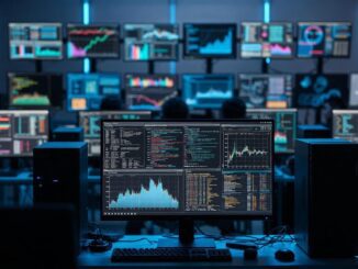 Trading room with multiple computer screens.