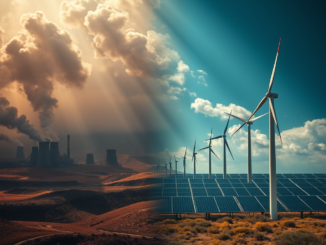 Industrial pollution contrasted with renewable energy sources.