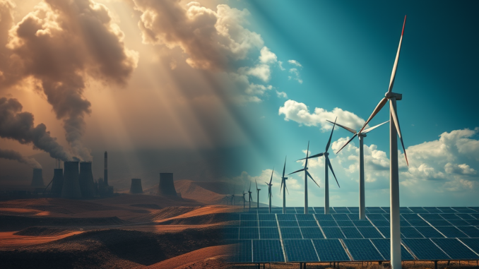 Industrial pollution contrasted with renewable energy sources. Industrial pollution contrasted with renewable energy sources.