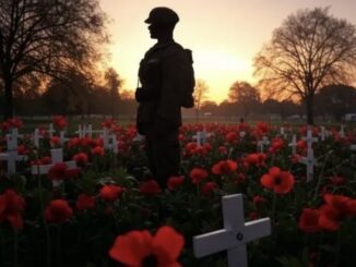 Soldier statue among poppies at sunset.