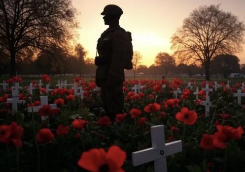 Soldier statue among poppies at sunset.