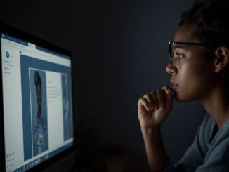 Person focused on computer screen at night.