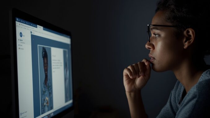 Person focused on computer screen at night.