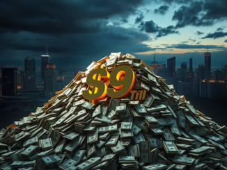 Pile of money with city skyline background.