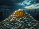 Pile of money with city skyline background.