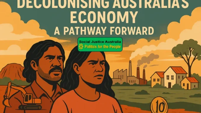 Decolonising Australia's Economy illustration with people.